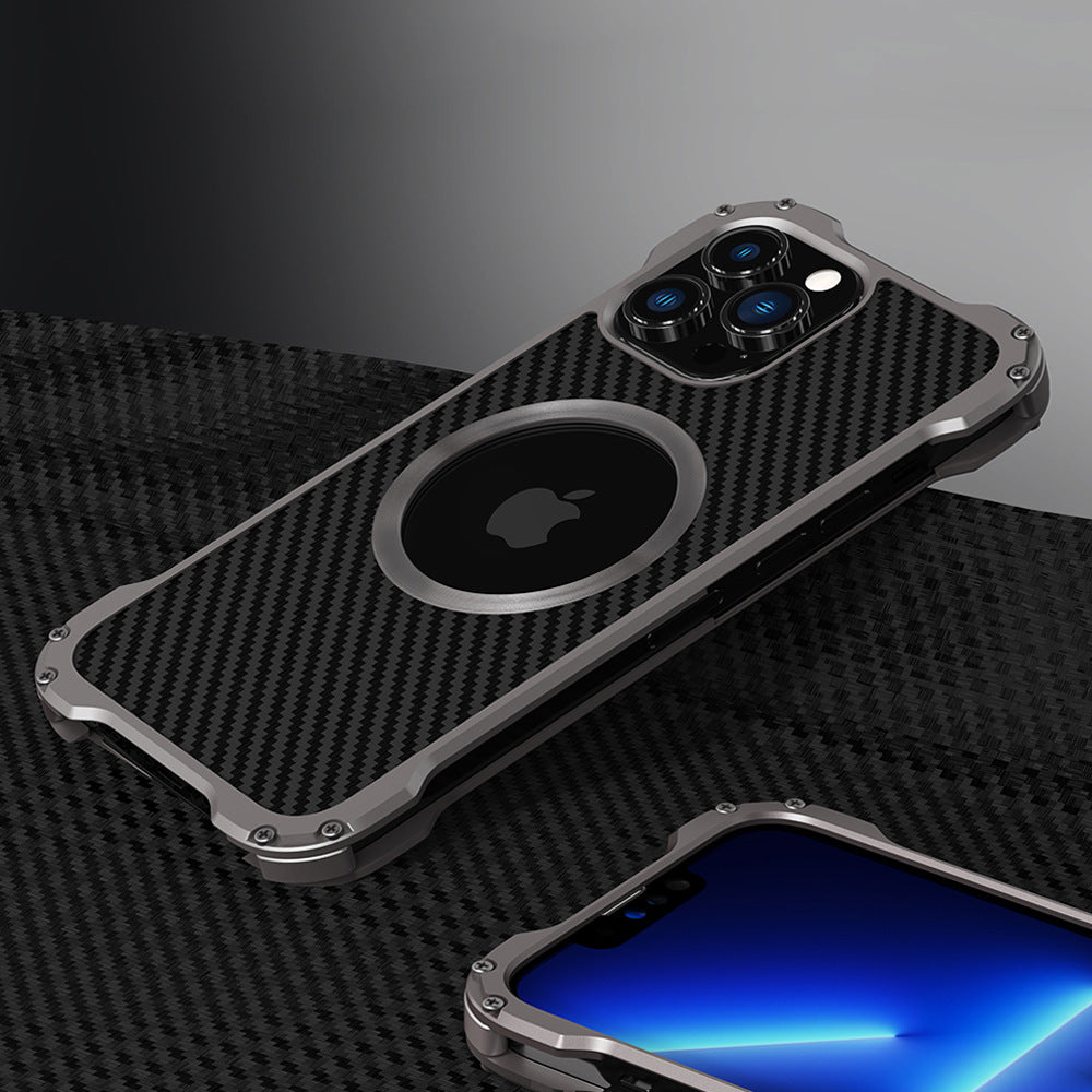 Shetchix All-inclusive Heat Dissipation Metal High-end Carbon Fiber Pattern Back Panel iPhone 15 Pro Max Case